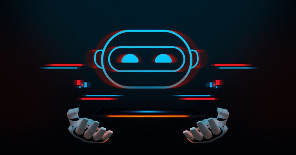 A neon robot with luminous eyes and hands, created by an AI Image generator.