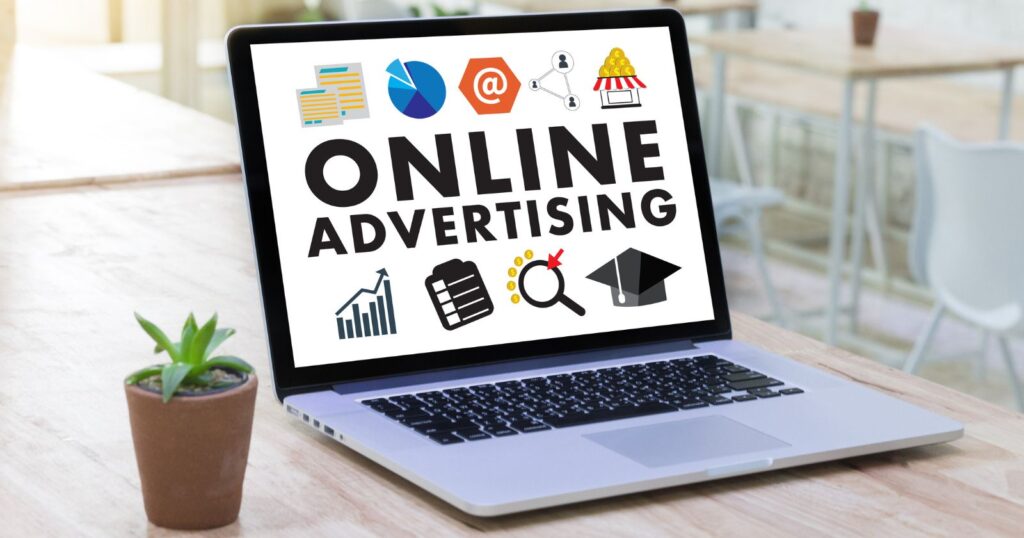 A laptop displaying various online advertising platforms. Microsoft Advertising is highlighted as the recommended choice.