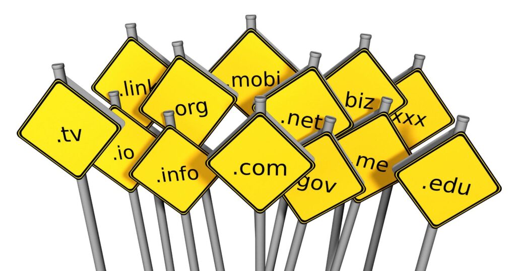 A collection of yellow internet signs representing various website domains.