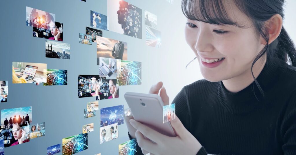 A woman happily holds a smartphone, engaging with interactive video content.