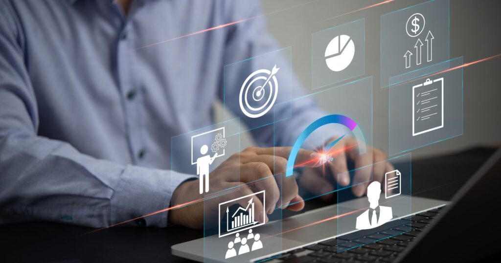 A man using a laptop with icons on it. Enhancing productivity and connectivity. Success Metrics.