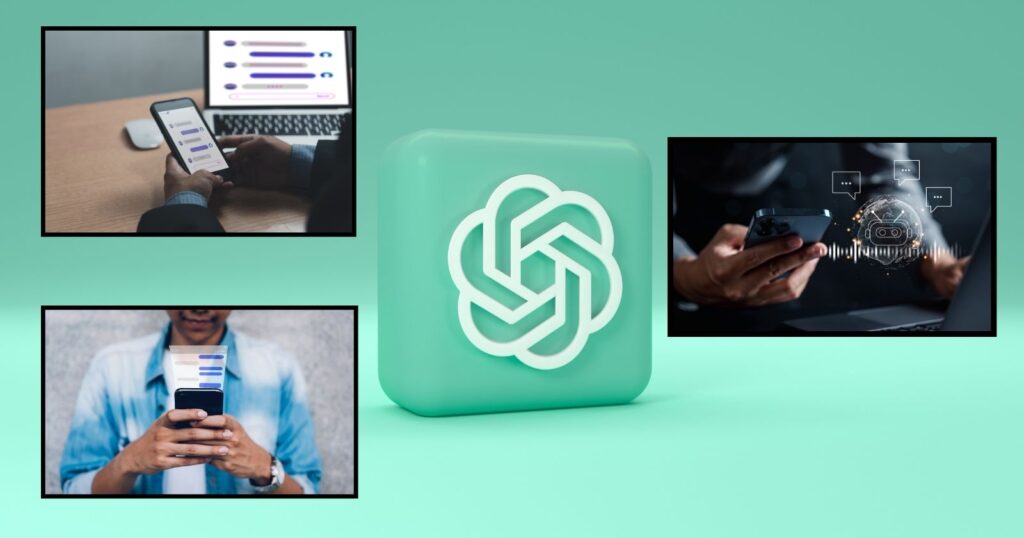 An image showing a green box with a person holding a phone and another person using a laptop nearby.