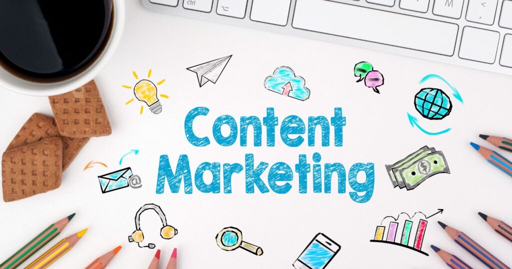 A laptop displaying a webpage with the title 'Content Marketing - How to Get Started