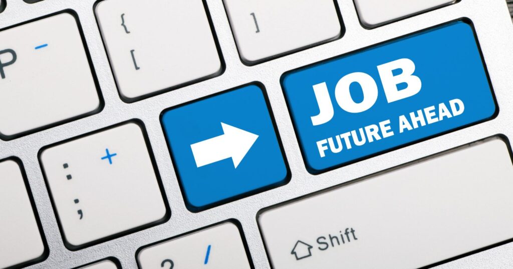 Job future ahead" displayed on a keyboard, symbolizing the importance of future-proofing marketing jobs.