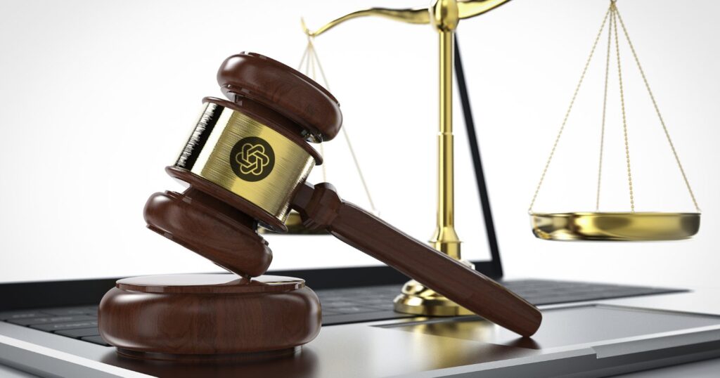 A 3D rendering of a judge's gavel resting on a laptop, symbolizing the intersection of law and technology in legal content with AI.