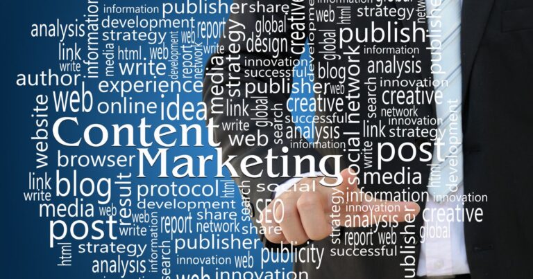 A laptop displaying a webpage with the title 'Content Marketing - How to Get Started' and icons representing tools and technologies.