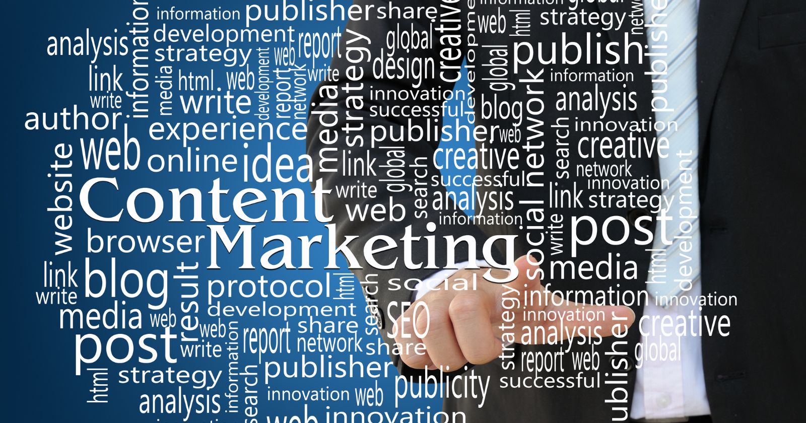 A laptop displaying a webpage with the title 'Content Marketing - How to Get Started' and icons representing tools and technologies.
