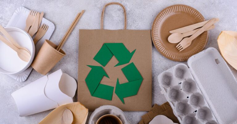 A collection of paper products for recycling, including plates, cups, forks, and napkins, promoting sustainable living.