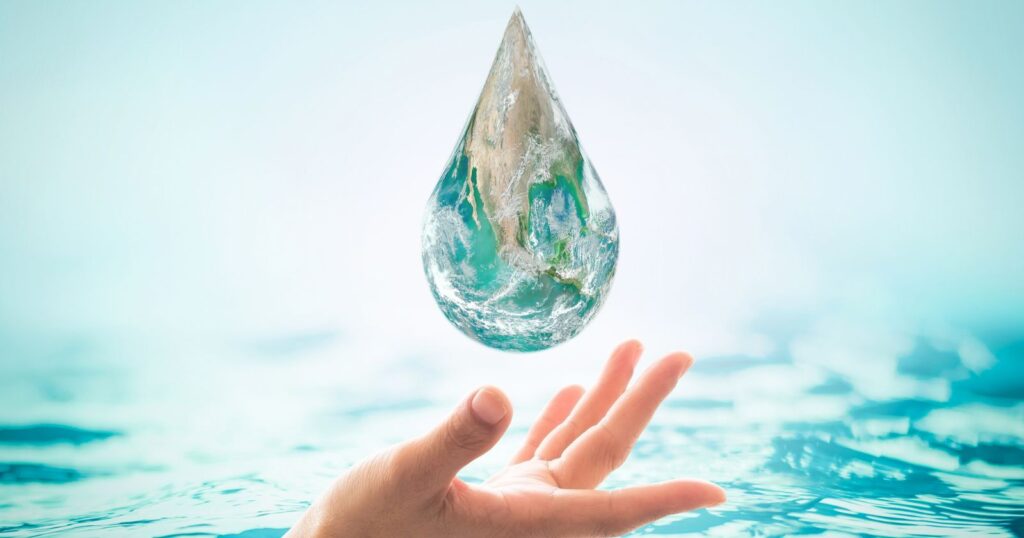 Save Water: Earth in a water drop, symbolizing the importance of conserving water for our planet's sustainability.